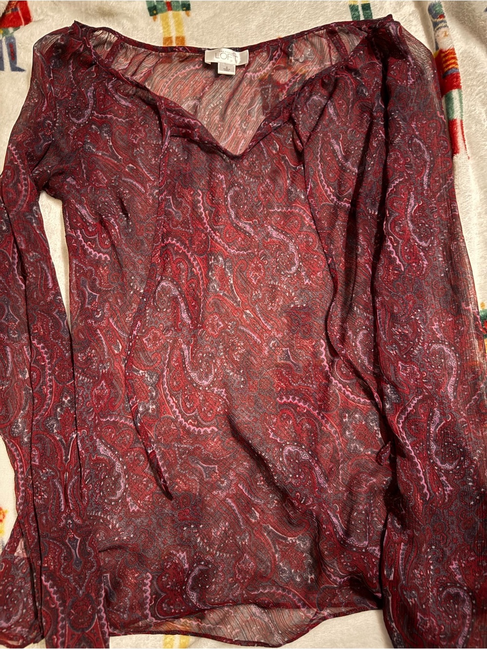 LOFT Burgundy Paisley Sheer V-Neck Blouse